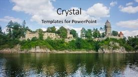  Presentation with castle draw - Slide deck having medieval castle zvikov in the czech republic with round tower draw-bridge and blue sky seen from the river vltava background and a light blue colored foreground