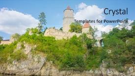  Presentation with castle draw - Presentation design enhanced with medieval castle zvikov in the czech republic with round tower draw-bridge and blue sky seen from the river vltava background and a light blue colored foreground