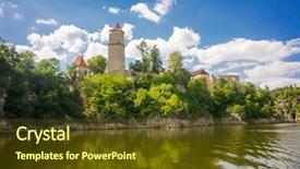  Presentation with castle draw - Presentation theme featuring medieval castle zvikov in the czech republic with round tower draw-bridge and blue sky seen from the river vltava background and a tawny brown colored foreground