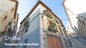  Presentation with street lighting - Presentation design having medieval cobbled and stepped street with flowery balconies and public lighting lamps in the city of toledo spain background and a ocean colored foreground