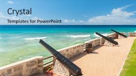  Presentation with medieval - Cool new PPT theme with medieval fortification with cannon backdrop and a light blue colored foreground