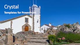  Presentation with medieval church - Audience pleasing PPT theme consisting of medieval igreja de santiago church backdrop and a teal colored foreground