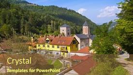  Presentation with monastery - Audience pleasing presentation theme consisting of medieval-monastery-raca-serbia-architecture backdrop and a tawny brown colored foreground