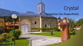  Presentation with monastery - Cool new theme with medieval monastery raca - serbia - architecture travel background backdrop and a light blue colored foreground