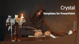  Presentation with medieval - PPT theme with medieval monk sitting at table background and a wine colored foreground