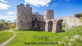  Presentation with russian - PPT theme featuring medieval russian koporye fortress with two towers and bridge background and a gold colored foreground