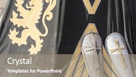  Presentation with ancient war history medieval - PPT theme enhanced with medieval shields next to war background and a gray colored foreground