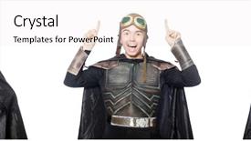  Presentation with music man in suit - Presentation design consisting of medieval soldiers - young funny man in armour background and a  colored foreground