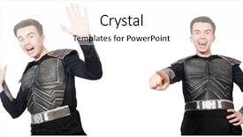 Presentation with funny - PPT theme consisting of medieval soldiers - young funny man in armour background and a white colored foreground