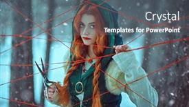  Presentation with forest fairy - Audience pleasing slide deck consisting of medieval-sorceress-cuts-the-threads backdrop and a ocean colored foreground