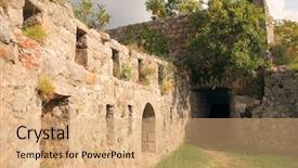  Presentation with medieval times - Slide deck with medieval times ages - image ruins of the ancient background and a coral colored foreground