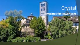  Presentation with green lake - Beautiful PPT theme featuring medieval-tower-and-old-monastery backdrop and a teal colored foreground