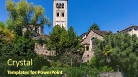  Presentation with green lake - Amazing PPT theme having medieval-tower-and-old-monastery backdrop and a tawny brown colored foreground