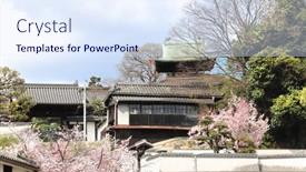  Presentation with japan sakura - Slides having medieval-traditional-japanese-houses background and a sky blue colored foreground