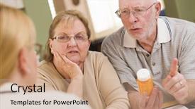  Presentation with senior couple - Beautiful theme featuring medis - doctor or nurse explaining prescription backdrop and a coral colored foreground