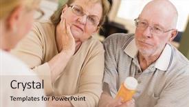  Presentation with senior couple - Amazing theme having medis - doctor or nurse explaining prescription backdrop and a coral colored foreground