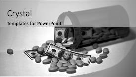  Presentation with health cost - Amazing presentation theme having medis - money and pills pour backdrop and a light gray colored foreground