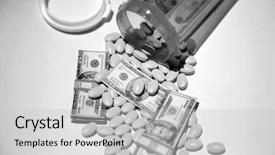  Presentation with health cost - Colorful PPT theme enhanced with medis - money and pills pour backdrop and a light gray colored foreground