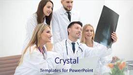  Presentation with community service happy volunteer group - PPT theme with medis - portrait of confident happy group background and a sky blue colored foreground