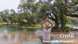  Presentation with nature river - Slide deck with banking concentration - healthy woman relaxing while meditating background and a coral colored foreground