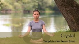  Presentation with nature river - Slide deck consisting of banking concentration - healthy woman relaxing while meditating background and a gold colored foreground