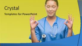  Presentation with young woman wearing boxer gloves - Colorful PPT layouts enhanced with meditation gesture with fingers yoga backdrop and a  colored foreground