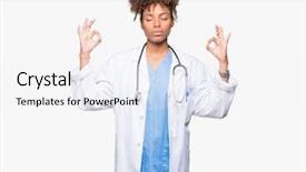  Presentation with medical smiling doctor - Colorful slides enhanced with meditation gesture with fingers yoga backdrop and a  colored foreground