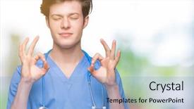  Presentation with medical smiling doctor - Audience pleasing slides consisting of meditation gesture with fingers yoga backdrop and a  colored foreground