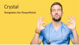  Presentation with medical smiling doctor - PPT theme consisting of meditation gesture with fingers yoga background and a  colored foreground
