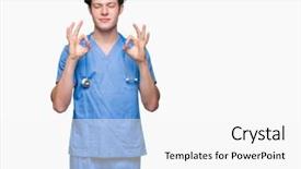  Presentation with medical smiling doctor - Theme having meditation gesture with fingers yoga background and a  colored foreground