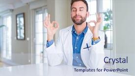  Presentation with medical smiling doctor - Amazing presentation design having meditation gesture with fingers yoga backdrop and a  colored foreground