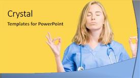 Presentation with medical smiling doctor - Presentation theme enhanced with meditation gesture with fingers yoga background and a  colored foreground
