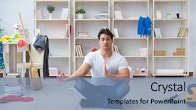  Presentation with home cleaning service - Beautiful presentation theme featuring meditation room - man doing cleaning at home backdrop and a seafoam green colored foreground