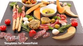  Presentation with mediterranean food - Beautiful presentation design featuring mediterranean-appetizer-buffet-food backdrop and a tawny brown colored foreground