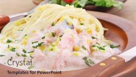  Presentation with hot sauce - Audience pleasing slide deck consisting of mediterranean cuisine fresh rose wild salmon baked in cream cheese sauce with italian pasta and red hot pepper on wooden dish over table with vegetable salad backdrop and a coral colored foreground