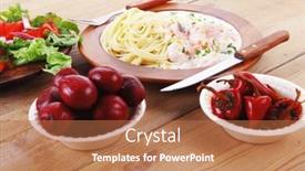  Presentation with salmon dish - Amazing slide set having mediterranean cuisine fresh rose wild salmon baked in cream cheese sauce with italian pasta and red hot pepper on wooden dish over table with vegetable salad backdrop and a coral colored foreground