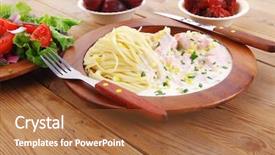  Presentation with italian cuisine - PPT theme with mediterranean cuisine fresh rose wild salmon baked in cream cheese sauce with italian pasta and red hot pepper on wooden dish over table with vegetable salad background and a red colored foreground