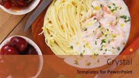  Presentation with hot sauce - PPT theme having mediterranean cuisine fresh rose wild salmon baked in cream cheese sauce with italian pasta and red hot pepper on wooden dish over table with vegetable salad background and a red colored foreground