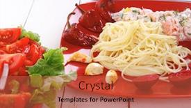  Presentation with italian cuisine - PPT layouts featuring mediterranean cuisine fresh rose wild salmon baked in cream cheese sauce with italian pasta and red hot pepper on plate over white wooden table with vegetable salad background and a red colored foreground