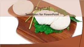  Presentation with feta cheese - PPT layouts enhanced with mediterranean cuisine raw soft feta white cheese round with slices on wooden plate isolated over white background background and a coral colored foreground