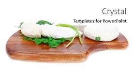  Presentation with feta cheese - Theme with mediterranean cuisine raw soft feta white cheese round with slices on wooden plate isolated over white background background and a white colored foreground