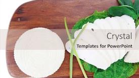 Presentation with feta cheese - Audience pleasing PPT layouts consisting of mediterranean cuisine raw soft feta white cheese round with slices on wooden plate isolated over white background backdrop and a soft green colored foreground