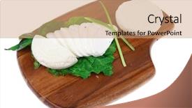  Presentation with feta cheese - Amazing presentation theme having mediterranean cuisine raw soft feta white cheese round with slices on wooden plate isolated over white background backdrop and a coral colored foreground