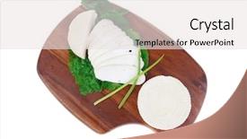  Presentation with dairy - Beautiful PPT layouts featuring mediterranean dairy fresh raw white soft greek feta cheese round and slices on wooden plate isolated over white background backdrop and a white colored foreground