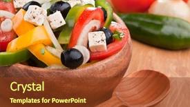  Presentation with greek - Audience pleasing theme consisting of close up healthy greek salad in a wooden bowl backdrop and a tawny brown colored foreground