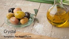  Presentation with olive oil bottle - Cool new presentation with mediterranean diet ingredients italian - olive oil bottle olives backdrop and a coral colored foreground