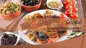  Presentation with mediterranean food - PPT theme consisting of mediterranean food - assorted bread with tapenade background and a coral colored foreground