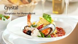  Presentation with seafood dis - Slides consisting of mediterranean food - delicious seafood spaghetti selective focus background and a coral colored foreground