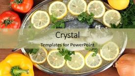  Presentation with mediterranean food - Slide deck featuring mediterranean food - fresh fish of dorado background and a yellow colored foreground