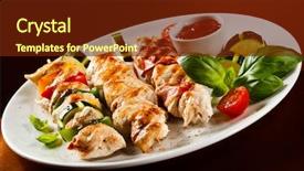  Presentation with mediterranean food - Presentation theme featuring mediterranean food - grilled meat and vegetables background and a tawny brown colored foreground